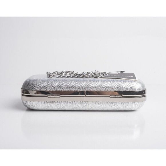 Chiara Boni Women Sliver Sparkle 40 Bianco Chain Leather Gloria Clutch Purse Box - Picture 5 of 8